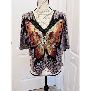 Butterfly Sequin Vintage 70’s Silk Top !!! Beyonce